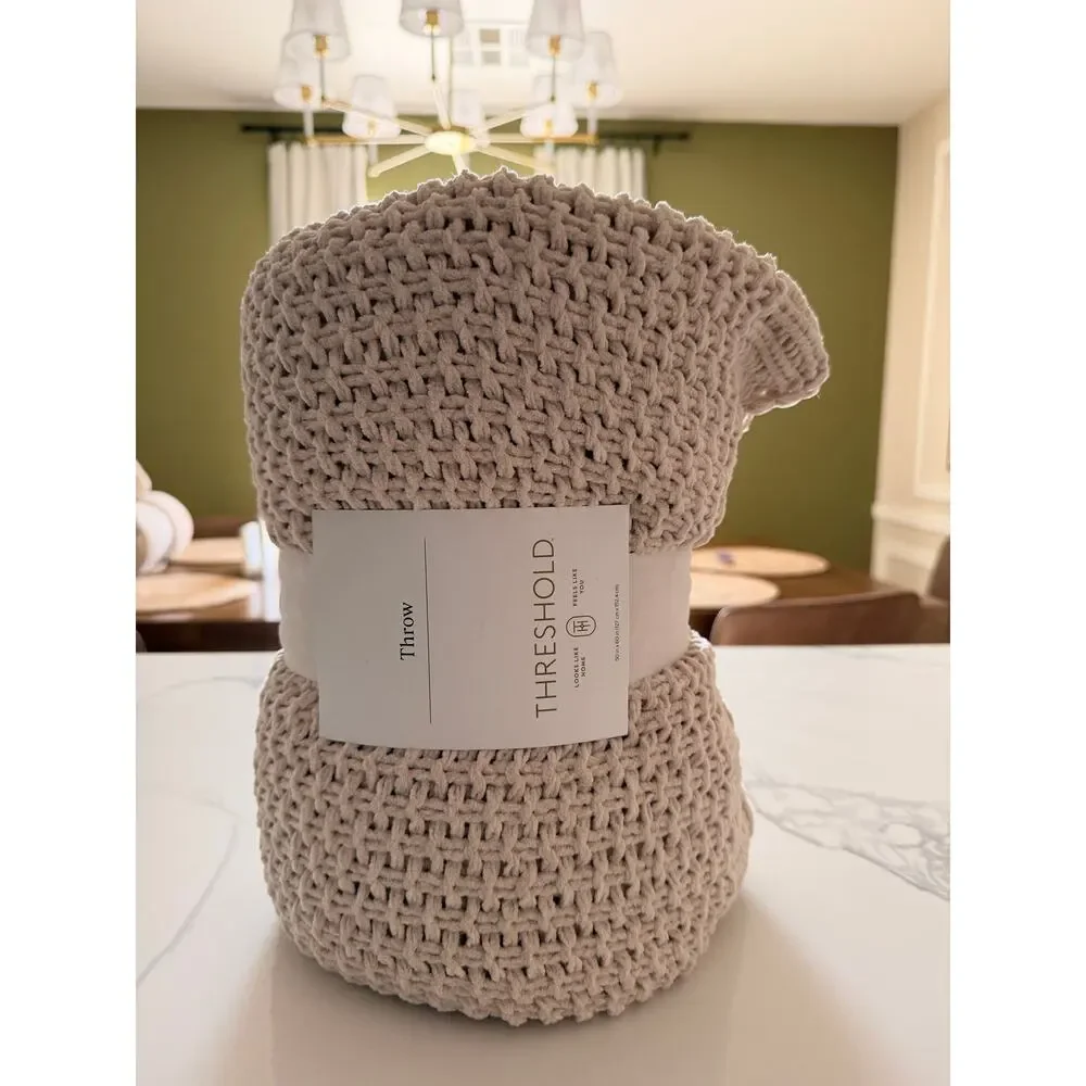 Threshold Chunky Knit Throw Blanket Cream Beige 50x60 Recycled Polyester NWT